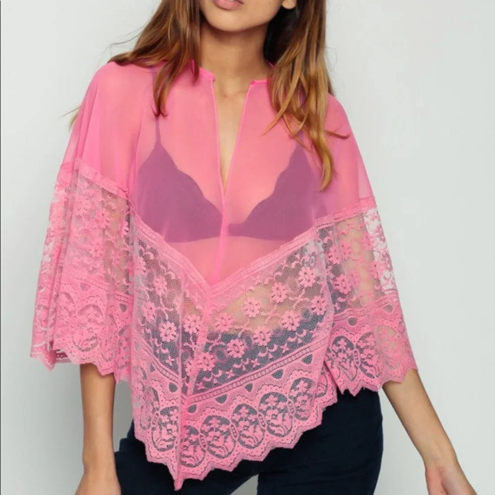 Lace Shawl Hippie Poncho 70s SHEER Cape Pink Chiffon Vintage Small Medium - Picture 2 of 5
